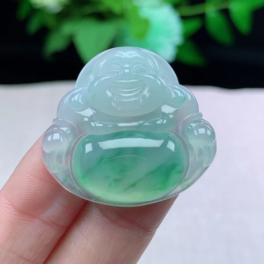 o缅甸天然翡翠A货30.4-33.1-5.9玉石冰种飘绿花佛公吊坠礼物时尚