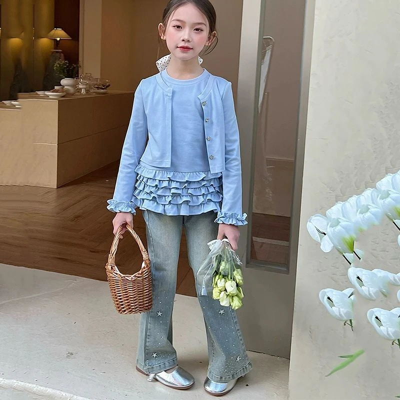 女童牛仔裤洋气时髦2025春季新款中童烫钻亮晶晶微喇裤儿童喇叭裤