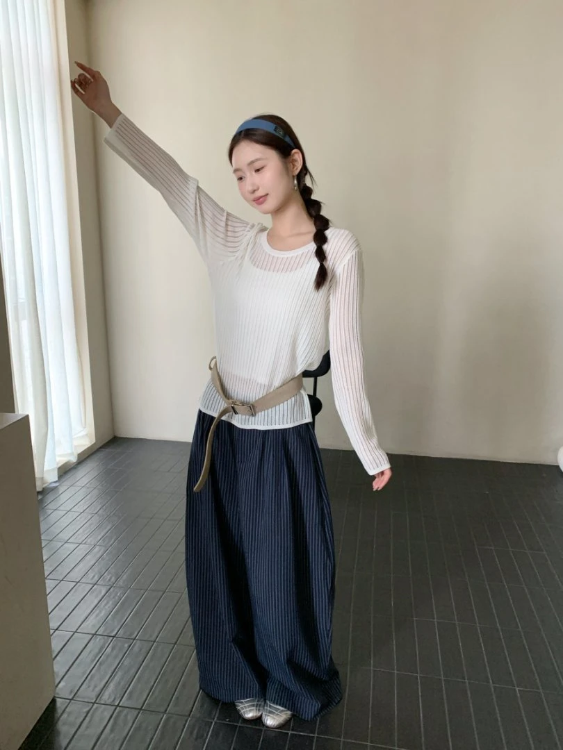 【素简.690150】秋冬新款绵羊毛混纺镂空精纺圆领坑条女装羊毛衫