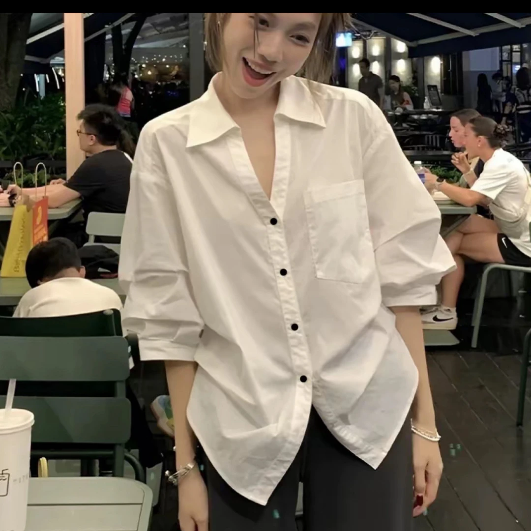 夏季女款白色翻领泡泡袖收腰时尚气质衬衫