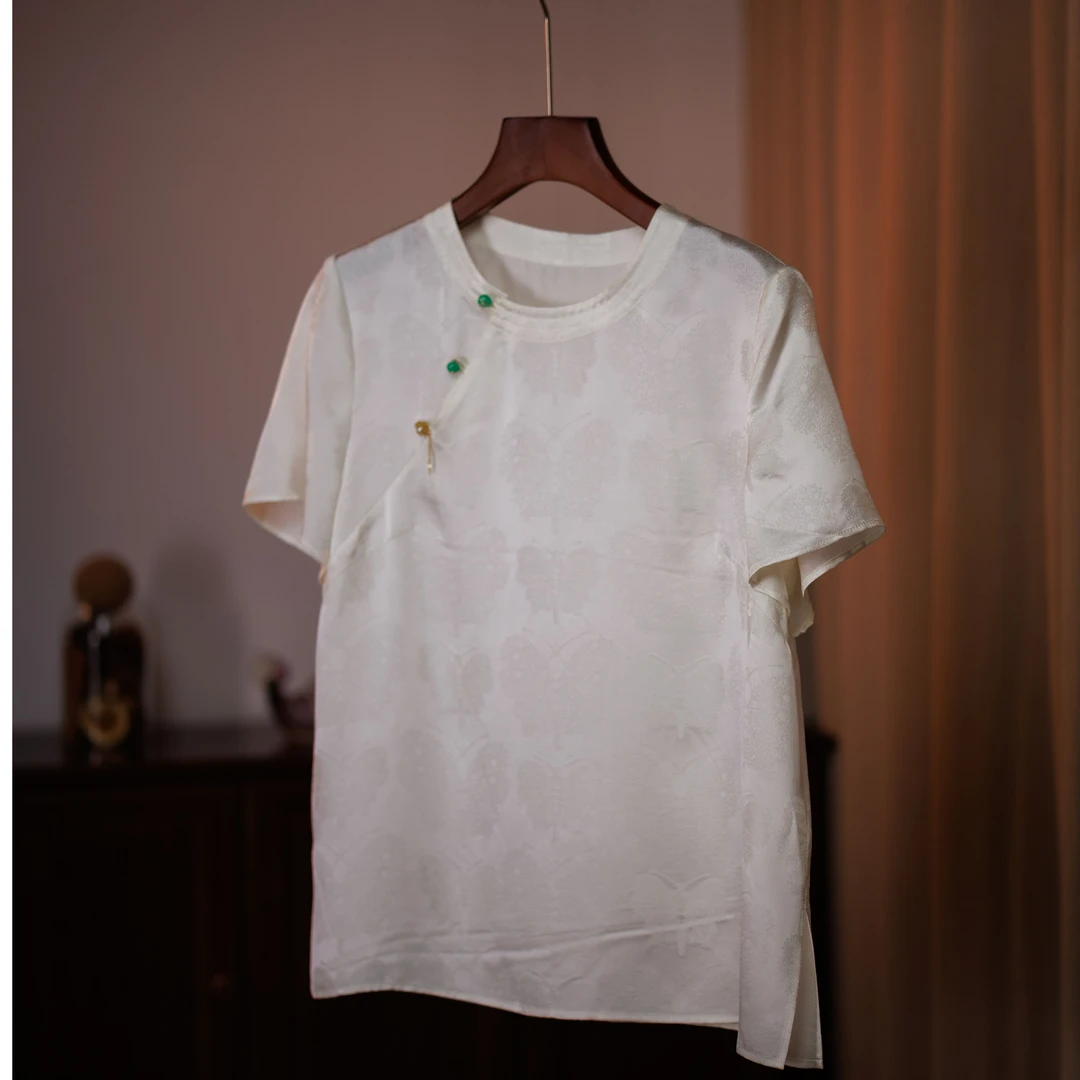 【锦说欢喜】‘蝴蝶’上久楷正品提花缎桑蚕丝短袖夏季新款83975