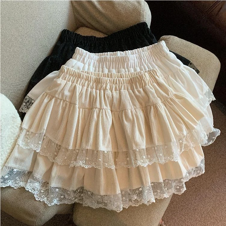 设计感甜美百搭松紧高腰蕾丝花边半身裙防走光短裙蓬蓬裙蛋糕裙女