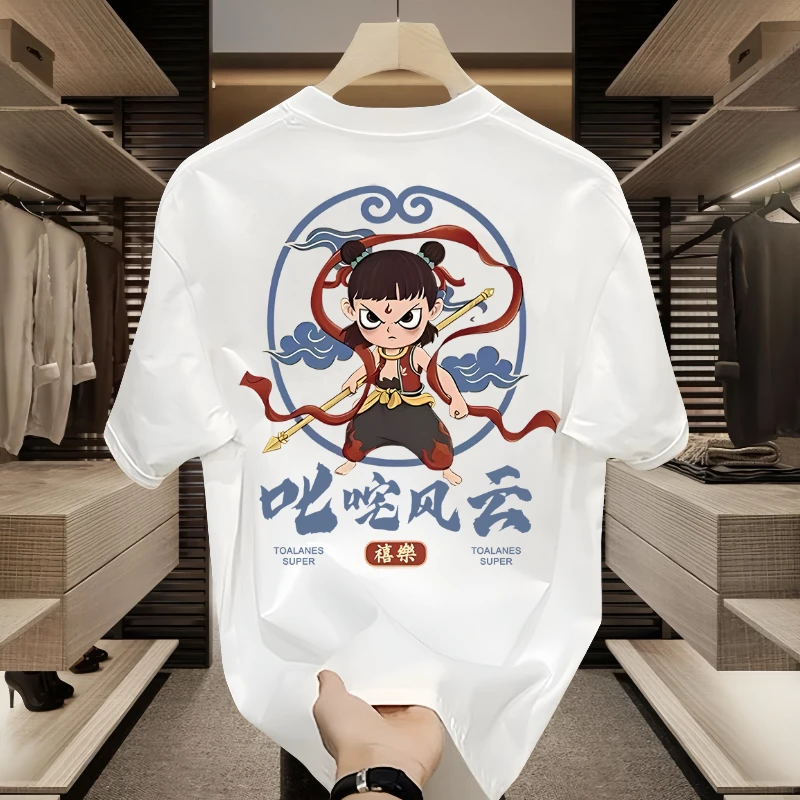 2025新款潮牌男士纯棉短袖t恤男圆领上衣潮牌潮流哪吒主题印花ins