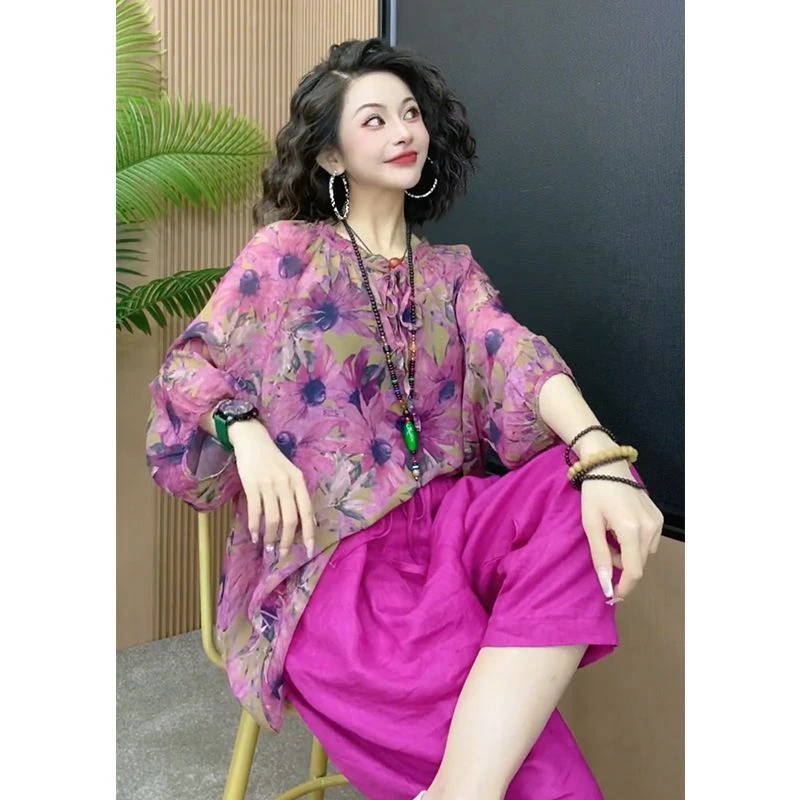 2025夏季新款七分袖麻料套装宽松休闲防晒印花T恤裤子女装两件套