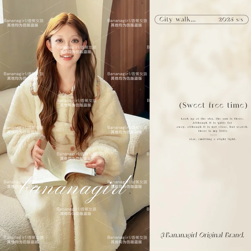 香蕉女孩【爱心创可贴】睡衣女秋冬季中长款睡袍宽松加厚加绒可外穿