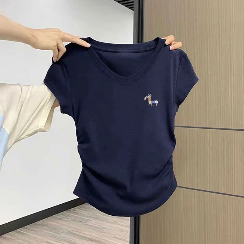 设计感小众正肩V领纯棉短袖t恤女2025新款收腰修身藏青色上衣夏季