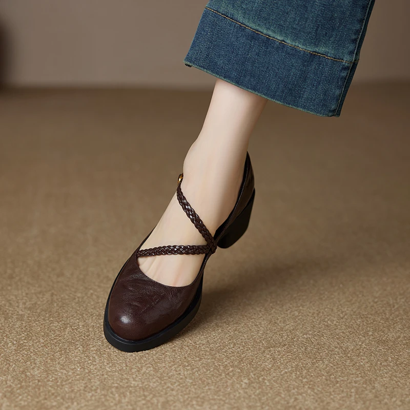 羊皮/5CM赫本风缠绕一字带方头玛丽珍鞋女静音百搭不累脚通勤单鞋