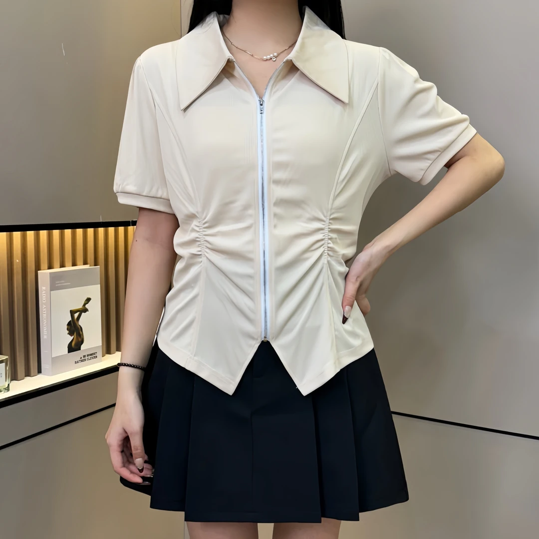 胖MM半夏 D25007夏季新款设计感Polo领拉链港风半袖上衣短袖t恤女