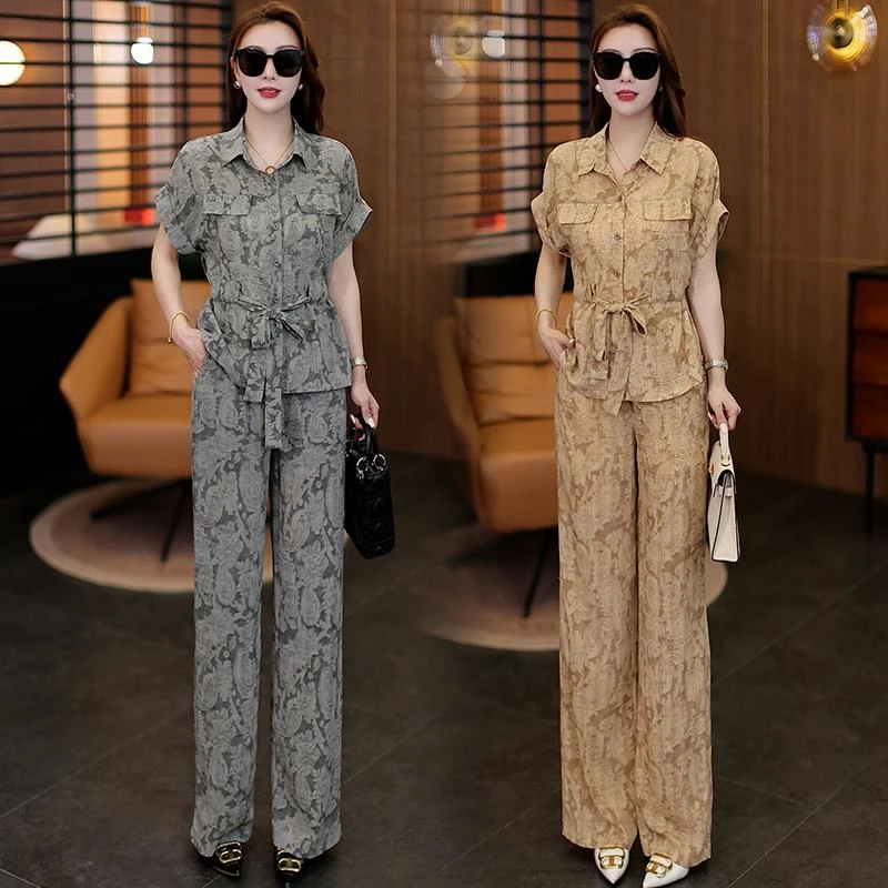 时尚洋气印花衬衣套装女夏2025夏季新款高腰垂感直筒裤气质两件套