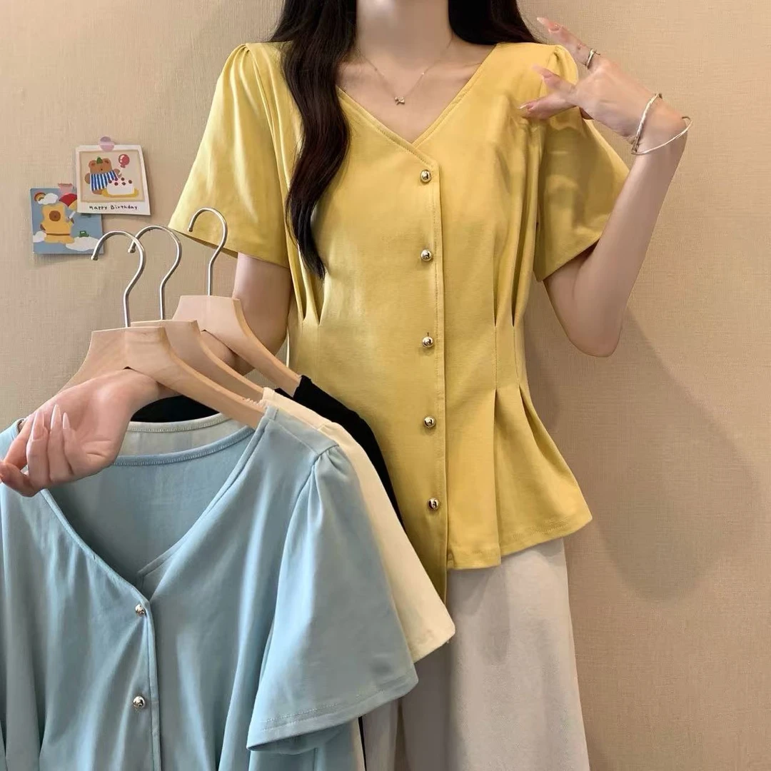 短袖V领打底衬衫女夏季大码胖mm遮肚子收腰轻熟风上衣洋气衣服女