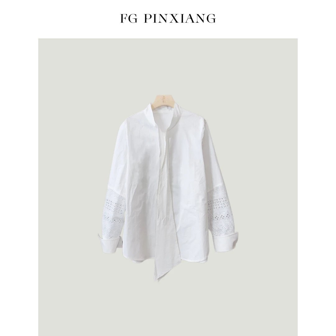 【凡哥PINXIANG】春季法式镂空刺绣系带翻领衬衫