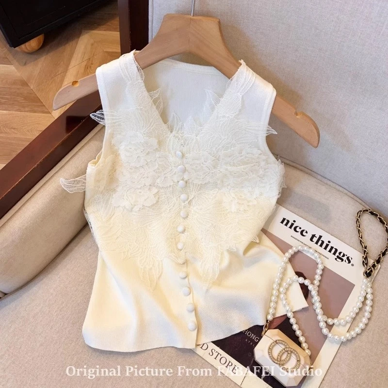 法式蕾丝花朵v领针织背心女夏2025新款高级感马夹纯欲无袖小上衣