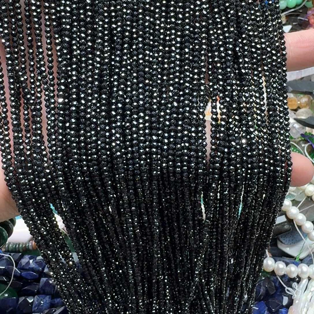 玛瑙/玉髓未镶嵌珠宝半成品2条天然2mm切面黑尖晶