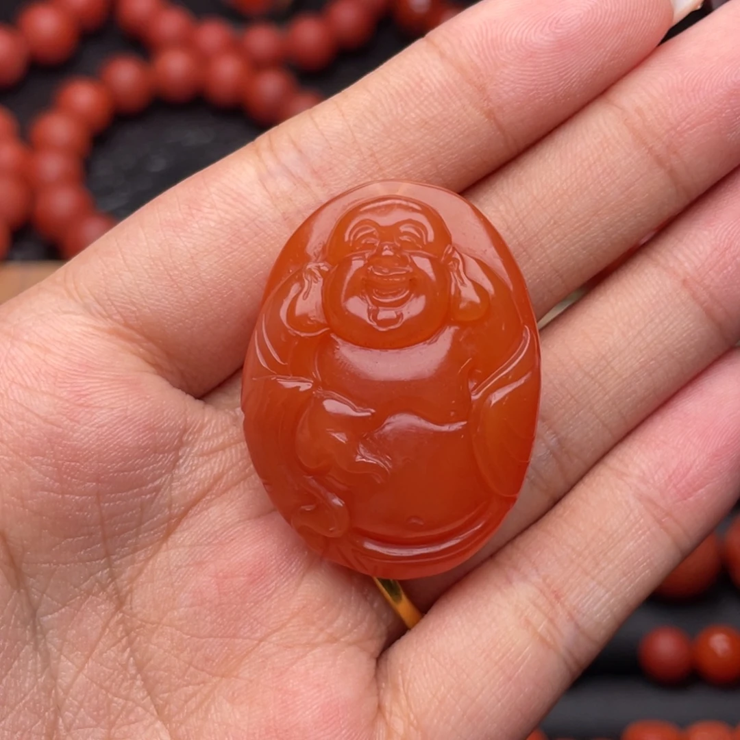 听***野南红玛瑙未镶嵌手串Y柿子红弥勒佛吊坠