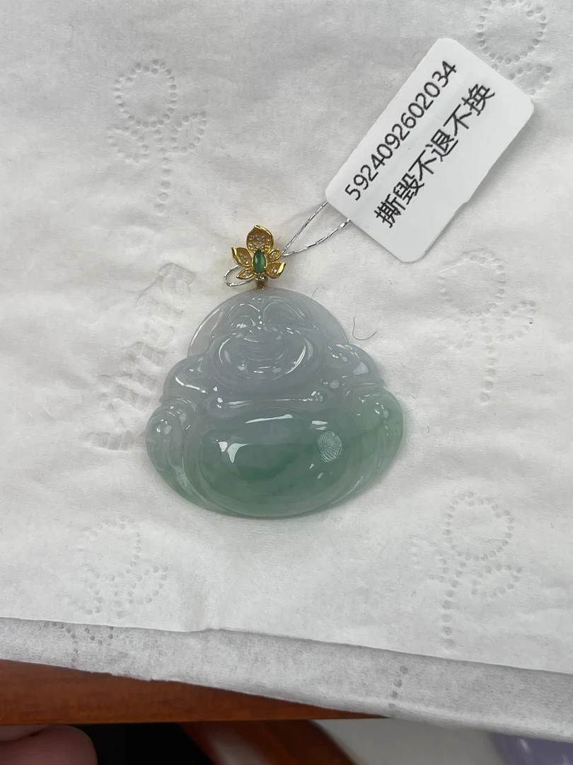 天然缅甸a货翡翠18k金扣头绿佛