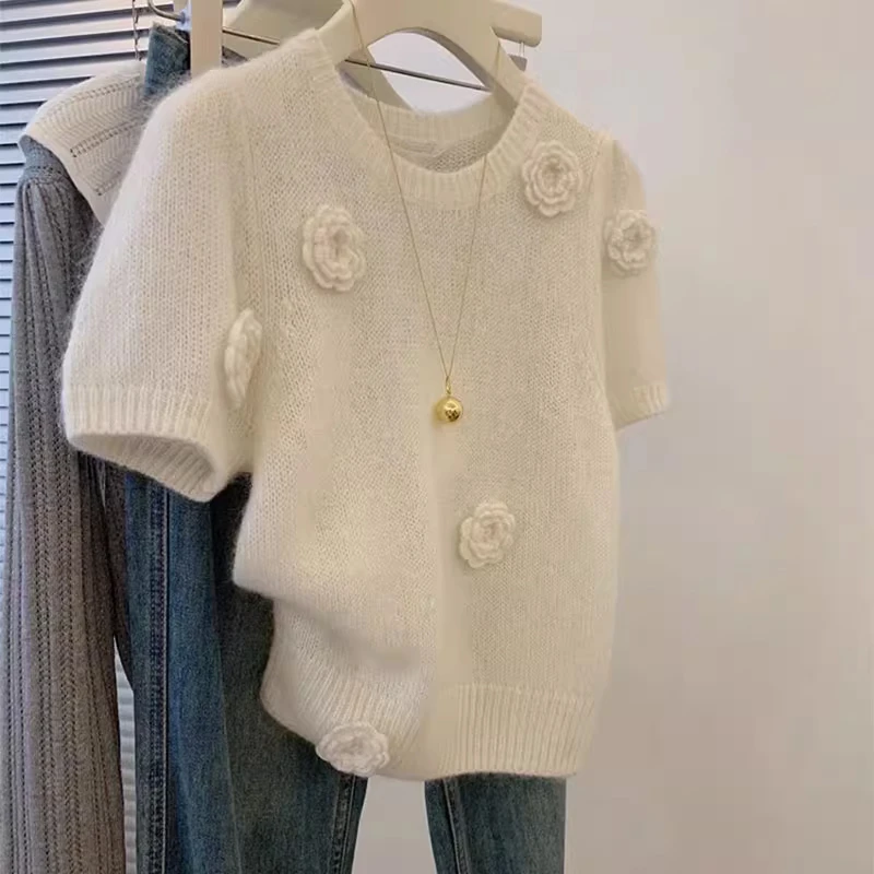 法式气质温柔风白色立体花朵小衫上衣设计感针织短袖正肩t恤女夏