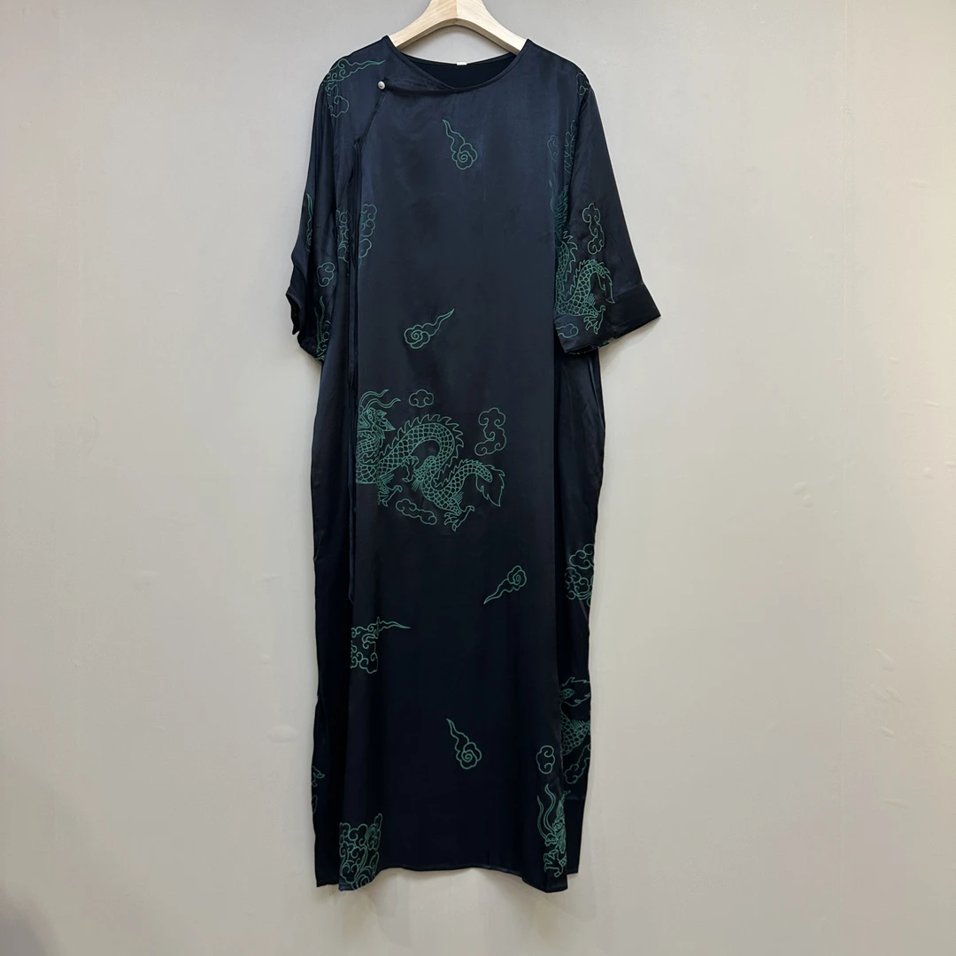 原创设计时尚大码桑蚕丝连衣裙夏季新款长袍子6035A