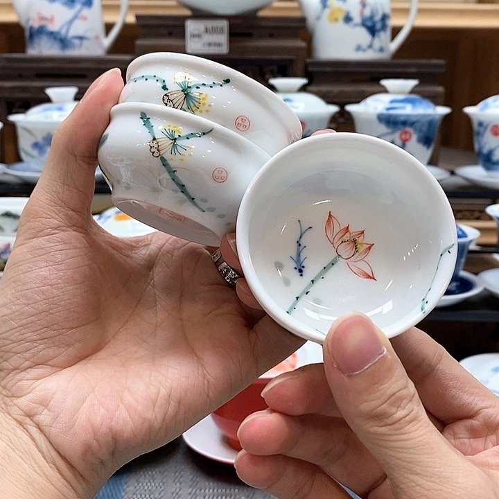 手绘3个装五色彩莲60cc釉下彩微瑕福利款