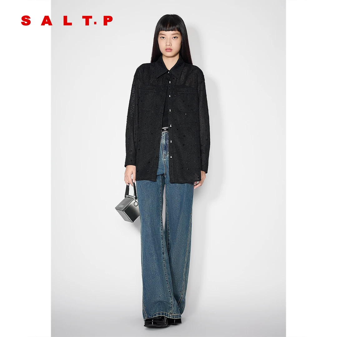 SALT.P可颜蕾丝绣花细闪钉珠落肩黑色宽松衬衫女2025春新款