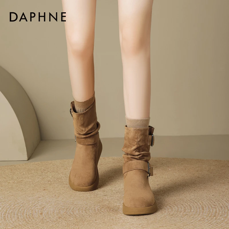 达芙妮西部牛仔靴女款2025秋季新款厚底短靴复古堆堆靴皮带扣女靴