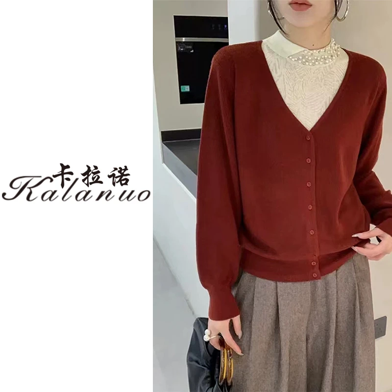 【卡拉诺】2025新款气质显瘦纯色V领假两件针织衫66636