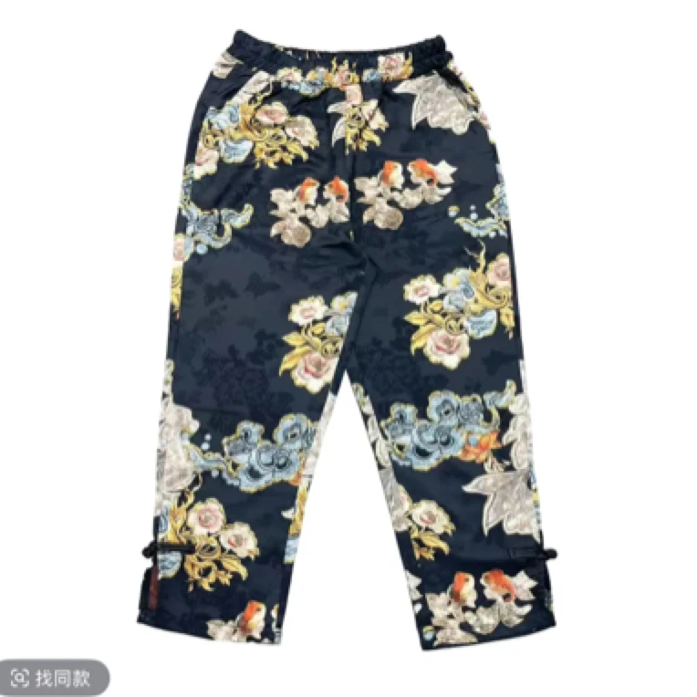 清苍价~深圳8865新中式贡缎提花国风盘扣小脚裤百搭显瘦九分裤