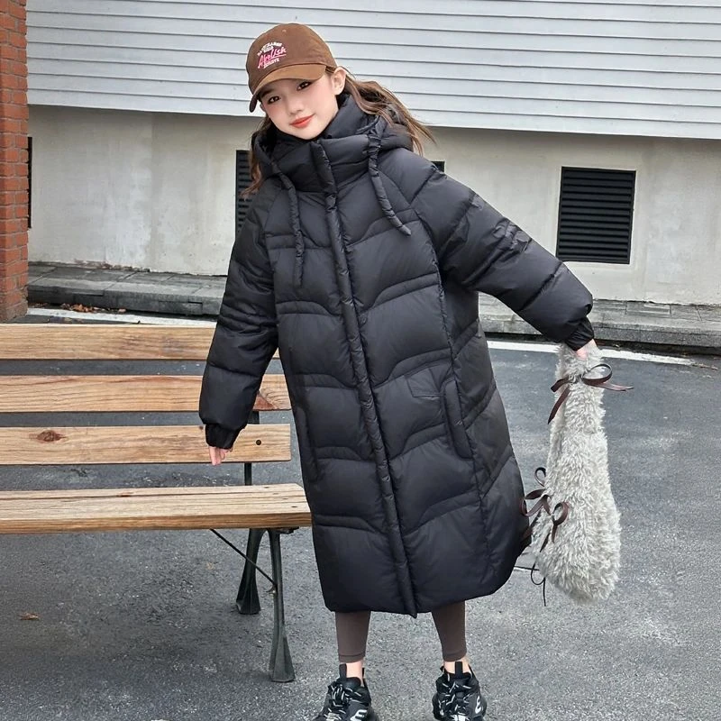 女童长款保暖羽绒服2025冬季新款中大童90白鸭绒洋气时髦过膝冬装