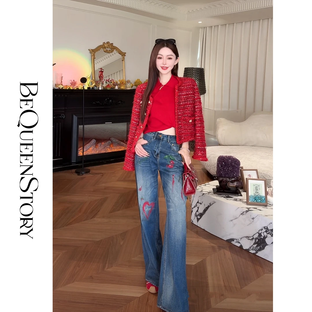 余潇潇【樱桃涂鸦】独特手绘爱心樱桃涂鸦趣味减龄牛仔棉直筒裤