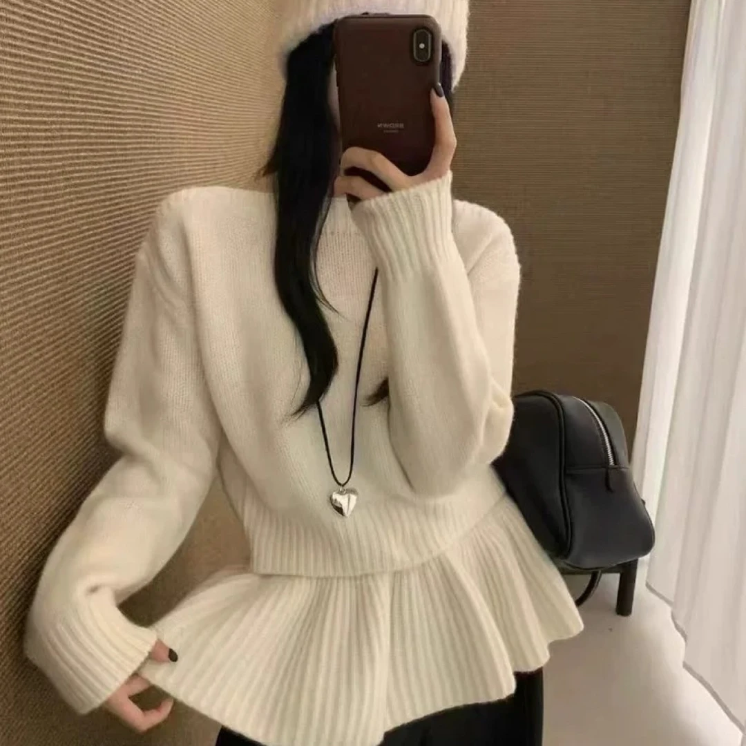 欧货2025早秋新款荷叶边拼接套头毛衣女内搭上衣松弛感外穿
