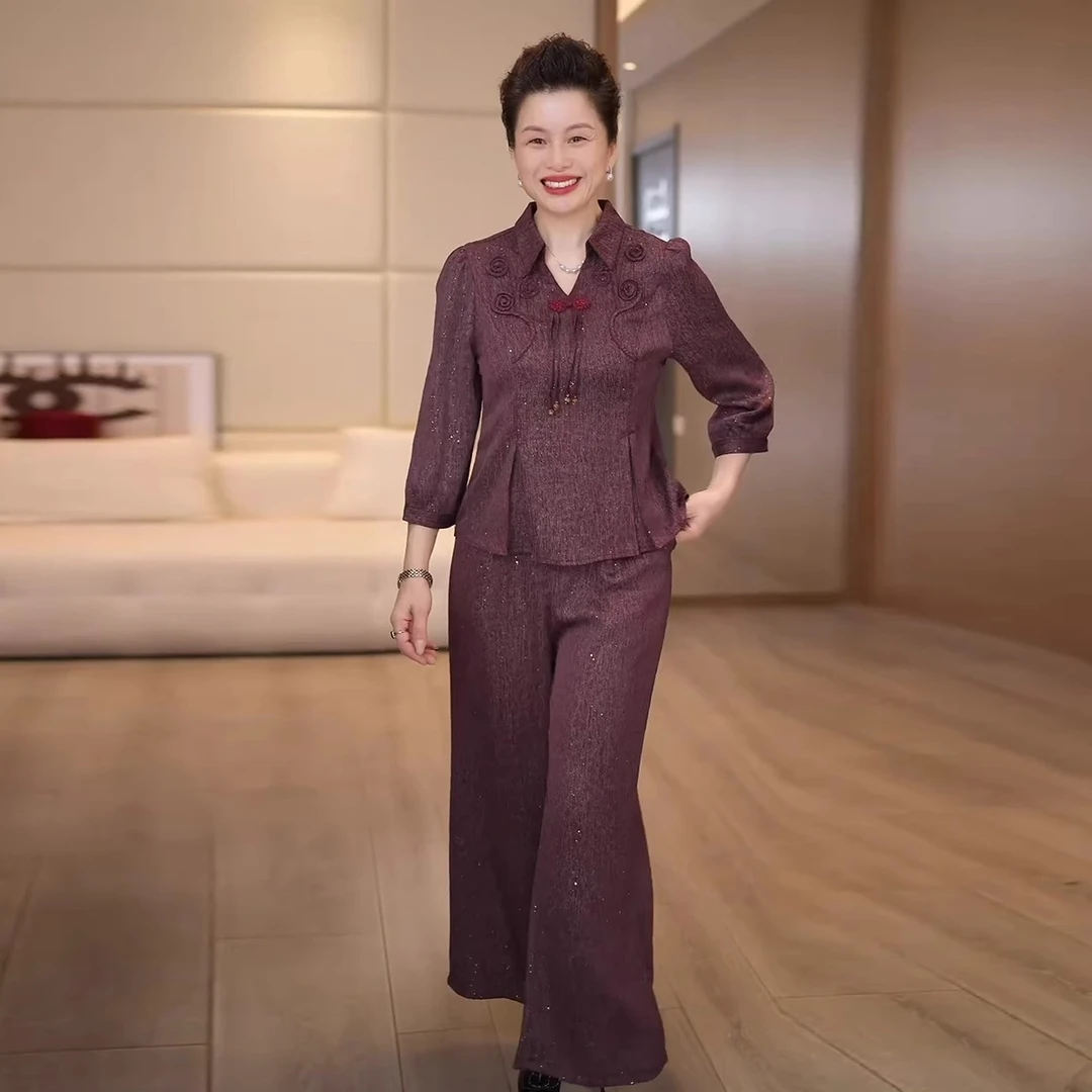 2025新款妈妈装秋装时尚套装洋气中年女装宽松两件套显瘦上衣裤子