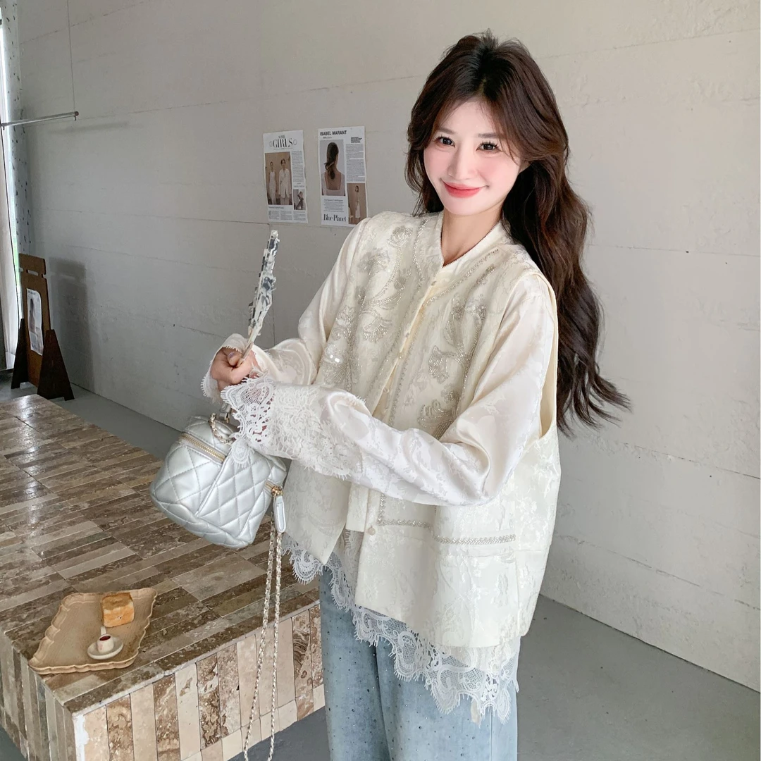 新中式国风马甲上衣蕾丝衬衫套装秋女装禅意仙气飘飘超好看两件套
