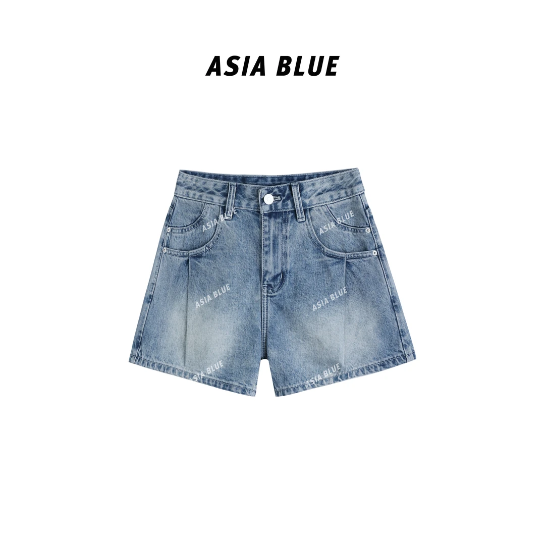 【ASIA BLUE】 无弹褶皱设计阔腿牛仔短裤AB5367