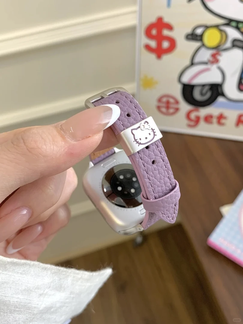 适用苹果手表applewatchS11可爱KT猫S9表带S10细款S8荔枝纹SE真皮