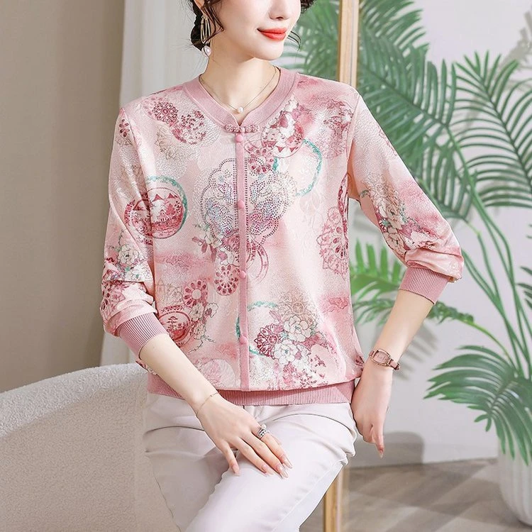 妈妈春装新中式T恤小衫中老年女薄款长袖上衣春秋国风打底衫