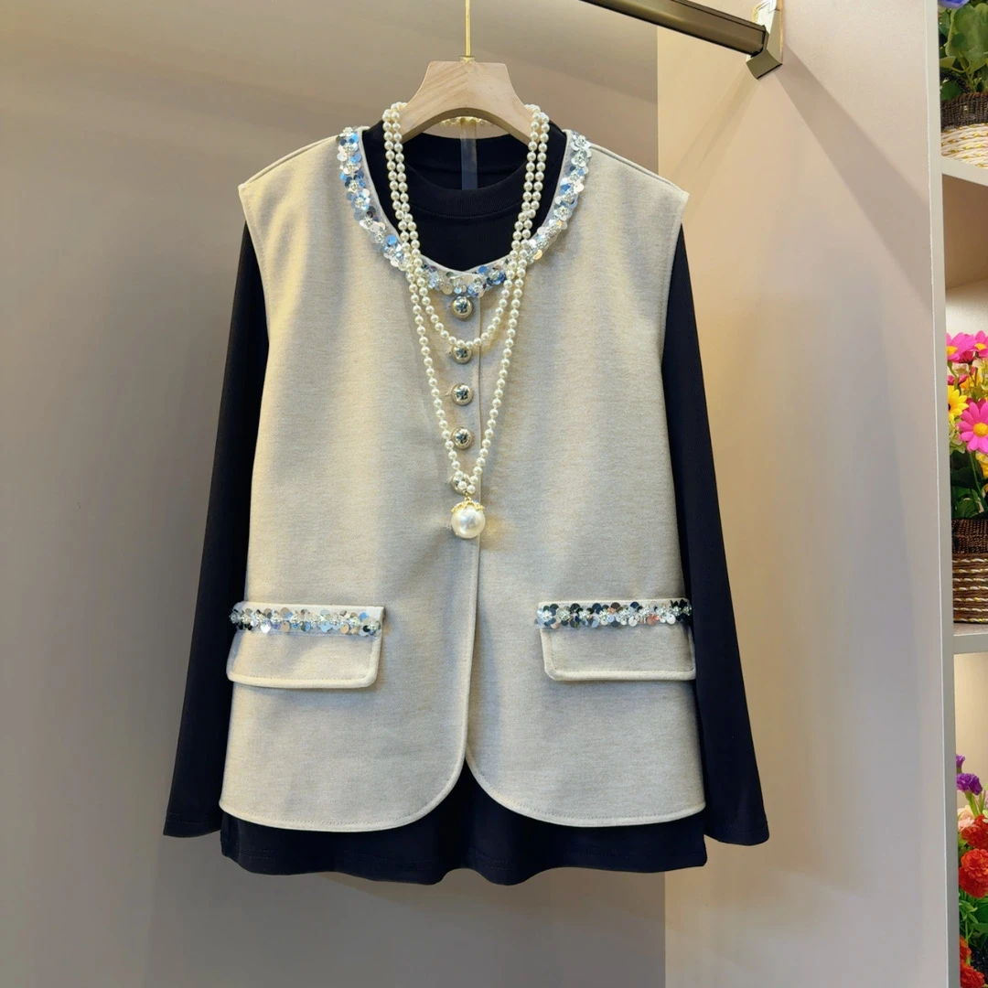 轻奢气质钻领网红欧货真两件套装衣长64左右