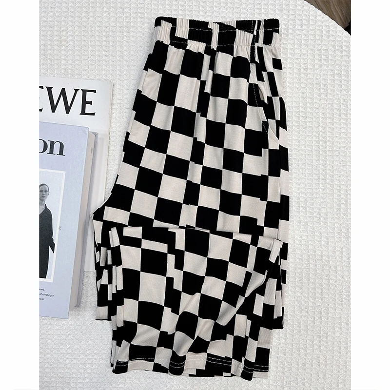 【黑白格】显高瘦格子莫代尔夏季女睡裤宽松印花可外穿居家八分裤