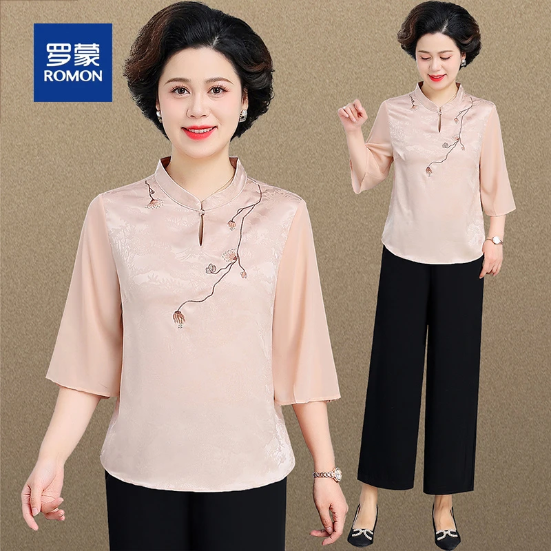 妈妈夏装五分袖上衣2025新款洋气新中式国风中老年女夏季短袖套装