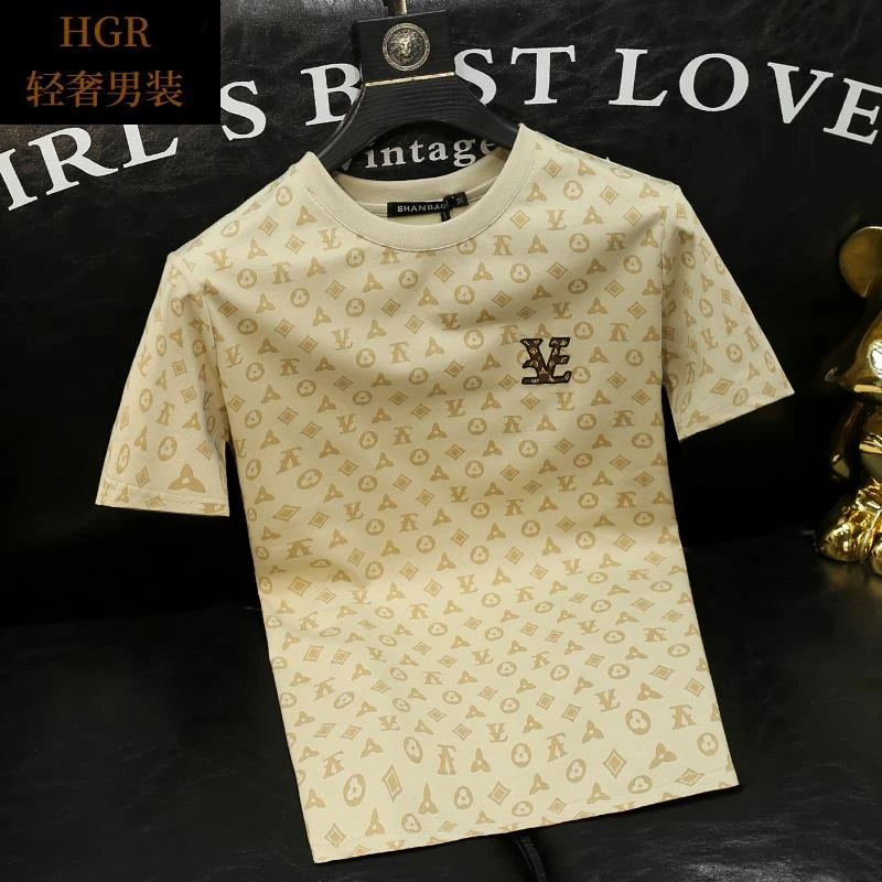 BxzsopLee花纹植绒印花时尚设计感夏季透气短袖男士修身大码男装