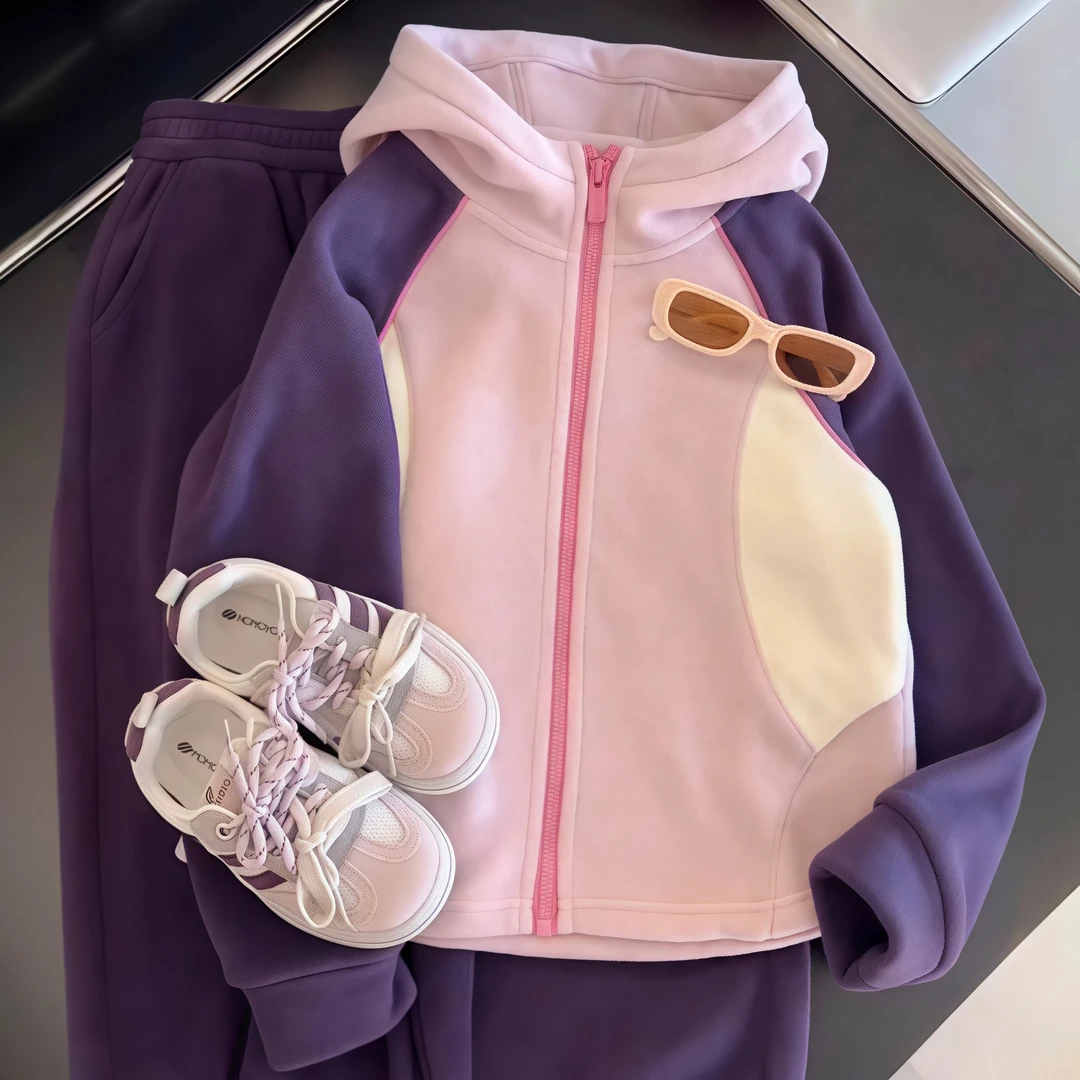 女童摇粒绒外套秋装2025新款儿童洋气连帽上衣春秋季女孩拼色卫衣