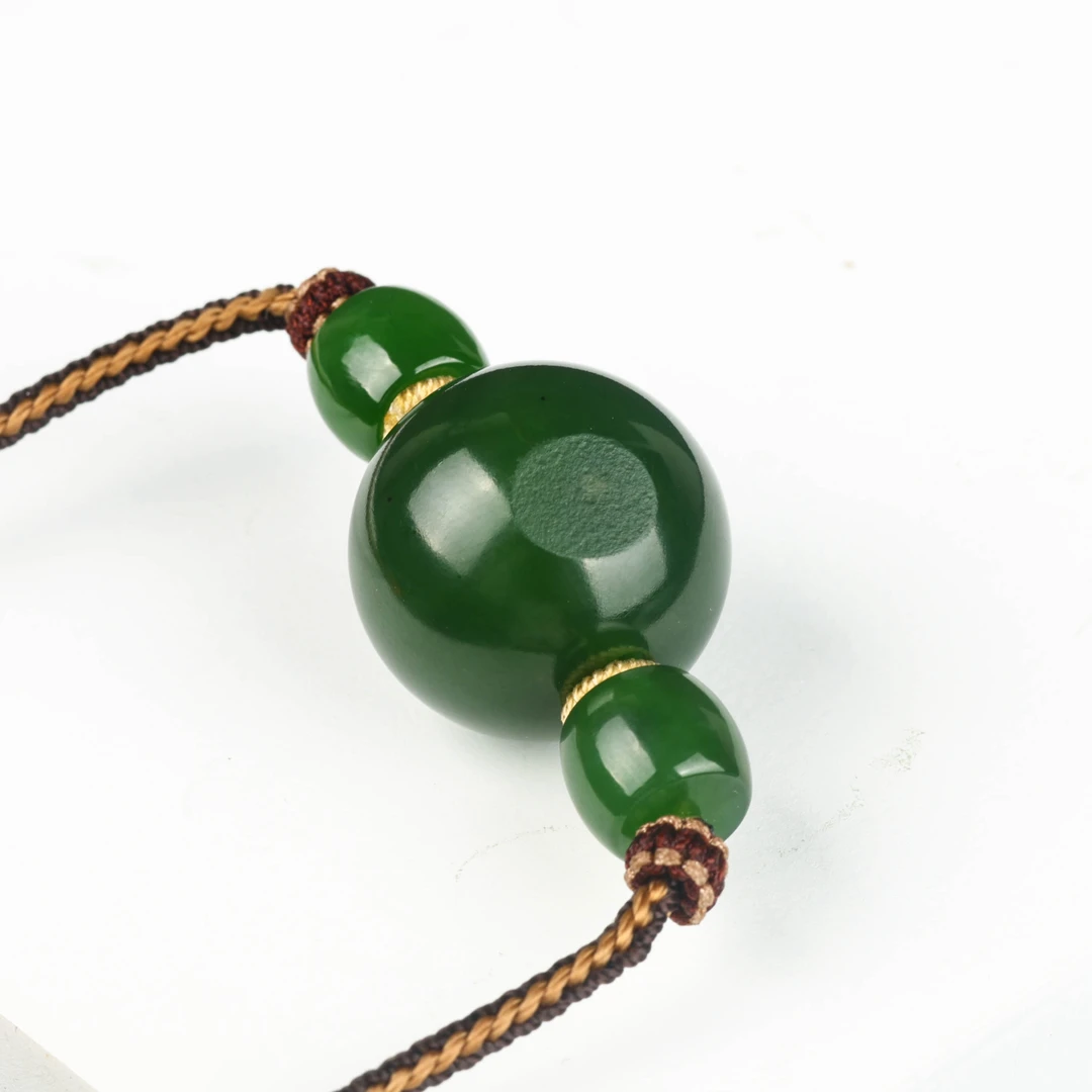 19mm和田玉碧玉圆珠挂件吊坠锁骨珠文玩配饰菠菜绿色标留有原皮