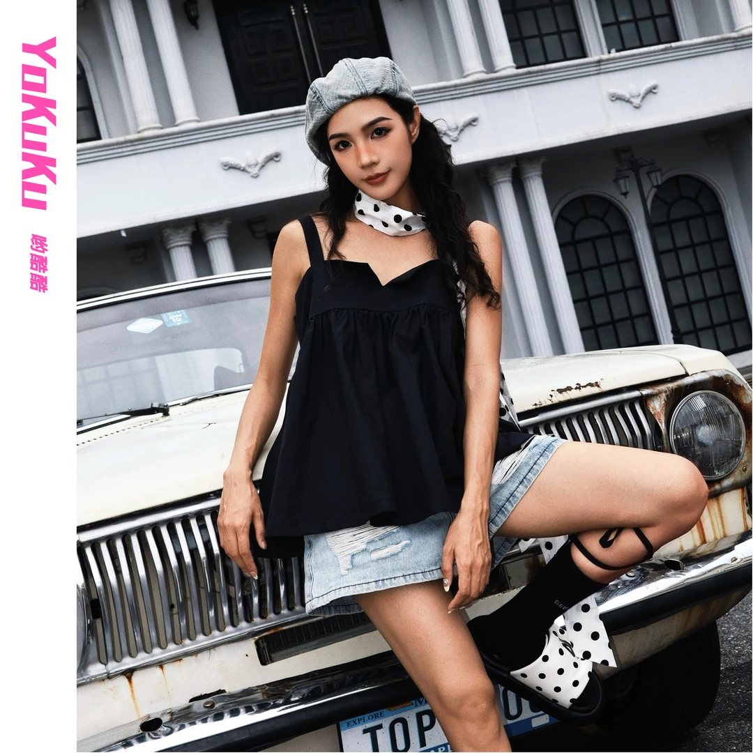 哟酷酷（爱意升起）法式田园风U型领条不走光蓬蓬吊带时尚上衣背心