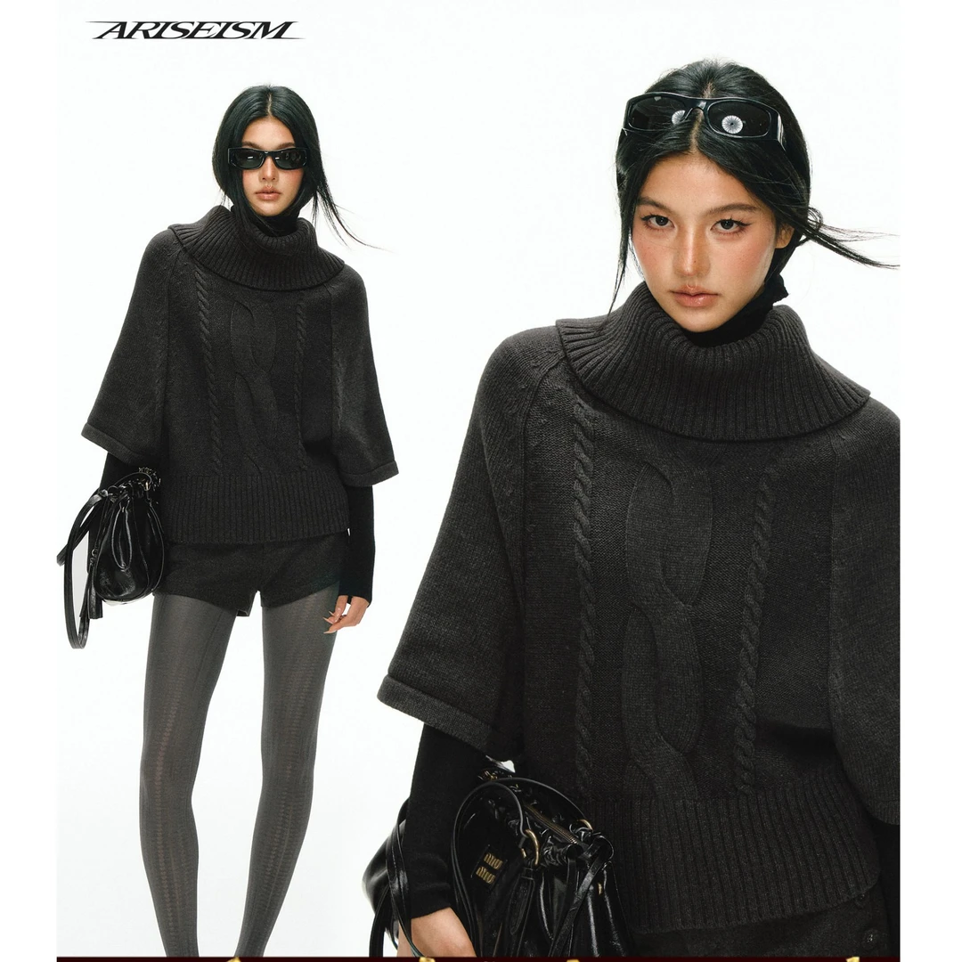 Ariseism 美式复古设计感高领套头绞花毛衣女秋冬新款上衣