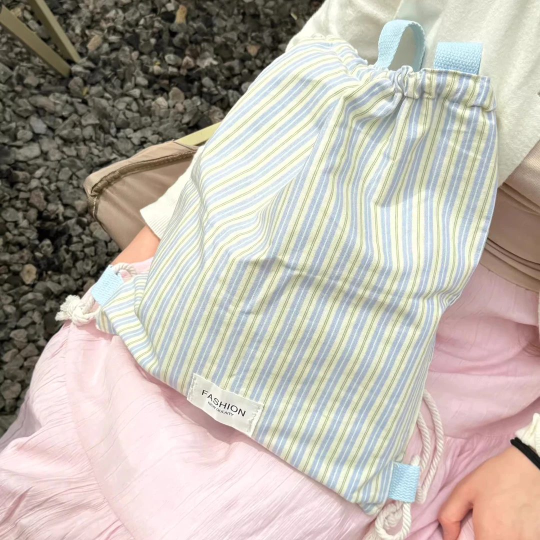 条纹撞色小清新帆布包上课通勤包高颜值单肩托特包抽绳双肩包背包