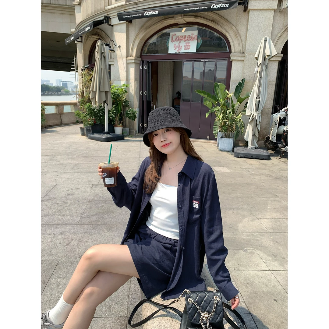 现货大婉酱微胖定制【短袖纸片人】亚麻衬衫短裤套装夏季穿搭 6573D