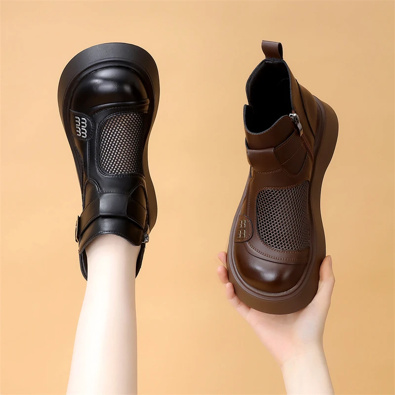 圆头厚底烟筒靴女网纱透气2025年春夏季新款镂空马丁靴女大码41