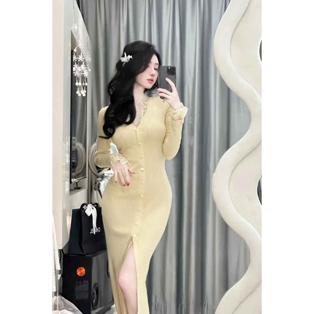 【雅乔定制】缠绵 小鸡黄长袖针织连衣裙DYWX-23099033