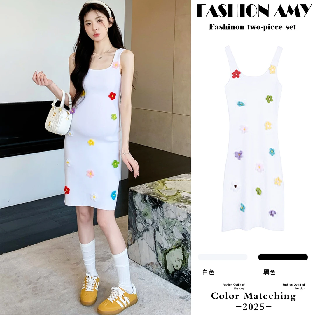 孕妇连衣裙夏装新款2025洋气时尚立体花朵针织显瘦中长款背心裙子