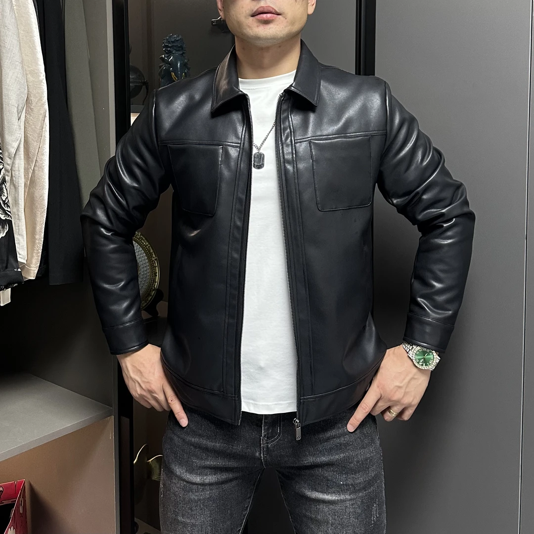 2025秋季新款薄款男士时尚休闲潮流修身翻领帅气多口袋皮夹克黑色
