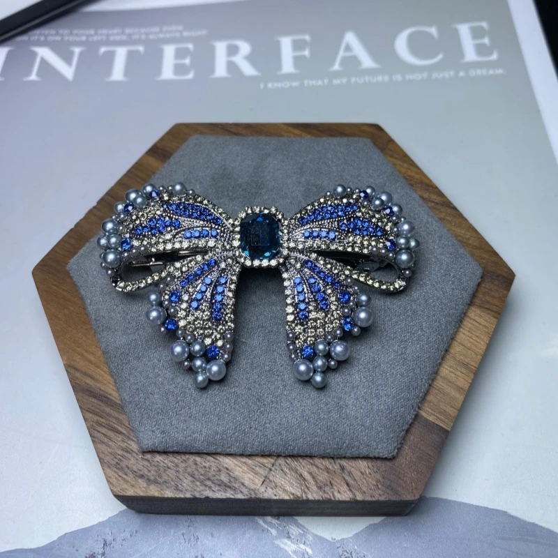 L499高级感宝蓝色蝴蝶结弹簧夹