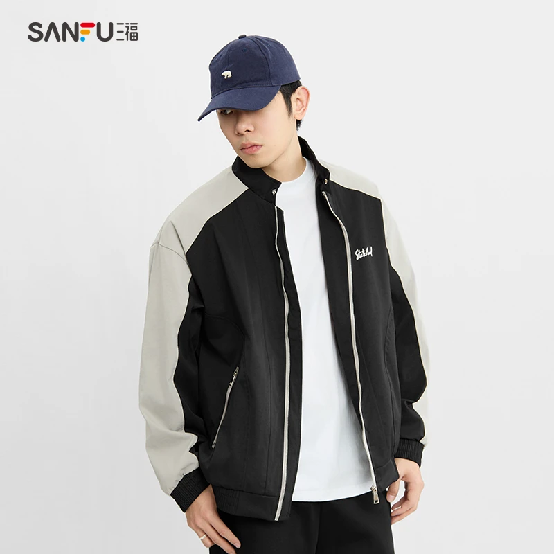 SANFU/三福早春款朋克风立领拼接个性夹克宽松休闲百搭外套498658